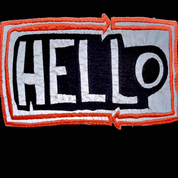 A patch of the word Hello but spelled in Capital H,E,L and L and a lower case o. The word is two orange arrow chasing each others tail like and oroborous. This patch is a back patch for a stage costume. 