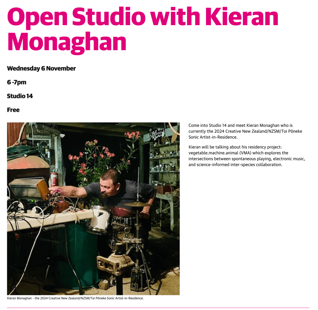 Screenshot of the Toi Pōneke website. Top text: Open Studio with Kieran Monaghan, Wednesday 6 November, 6-7pm, Studio 14, Free.
On the left is a photo of Kieran reaching over his drumkit to make adjustments on the modular synth on the table in front of him. His action bends him towards the left. There is a large flowering plant behind him. The location is in an open, but covered, space at night at the Driving Creek Railway in Coromandel. 
Text on the left of the image says:
Come into Studio 14 and meet Kieran Monaghan who is currently the 2024 Creative New Zealand/NZSM/Toi Pōneke Sonic Artist-in-Residence.

Kieran will be talking about his residency project: vegetable.machine.animal (VMA) which explores the intersections between spontaneous playing, electronic music, and science-informed inter-species collaboration.