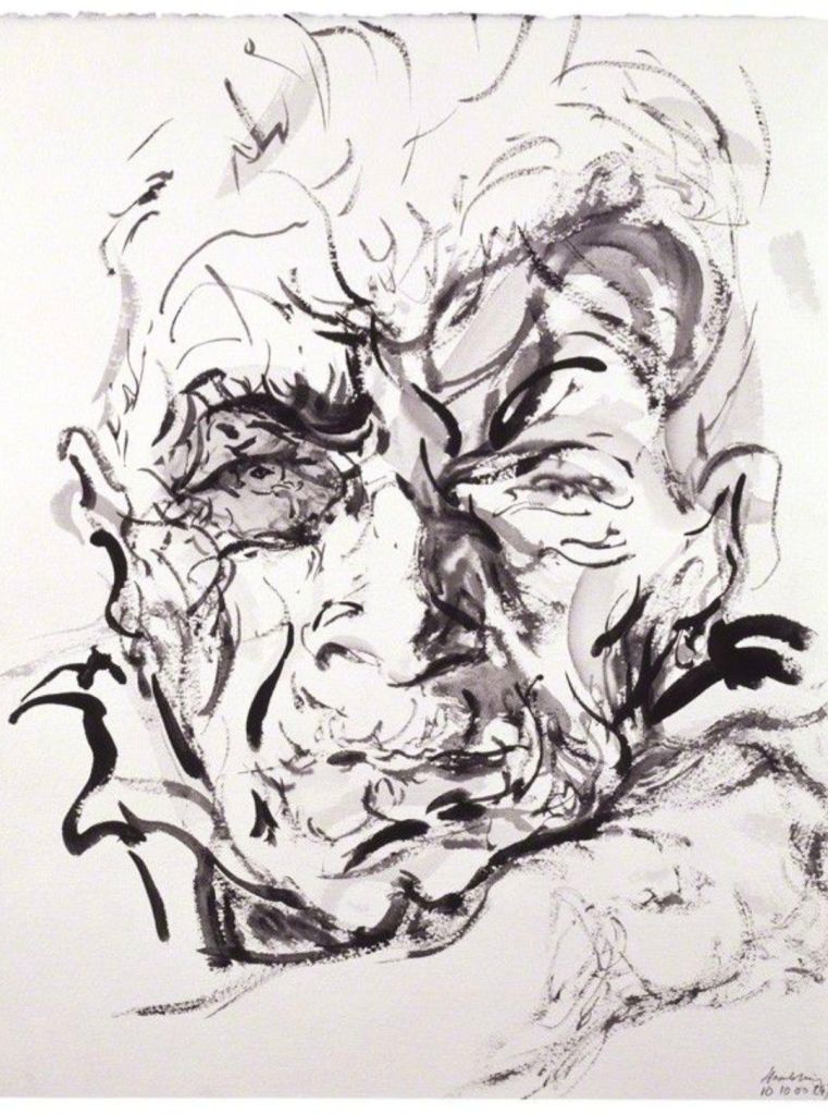 An ink drawing of John Berger, drawn by Maggi Hambling. The lines are very loose, barely scratched onto the paper, there are only a few heavy black lines. But in the lightness of this drawing Bergers intensity stares out at the viewer.
