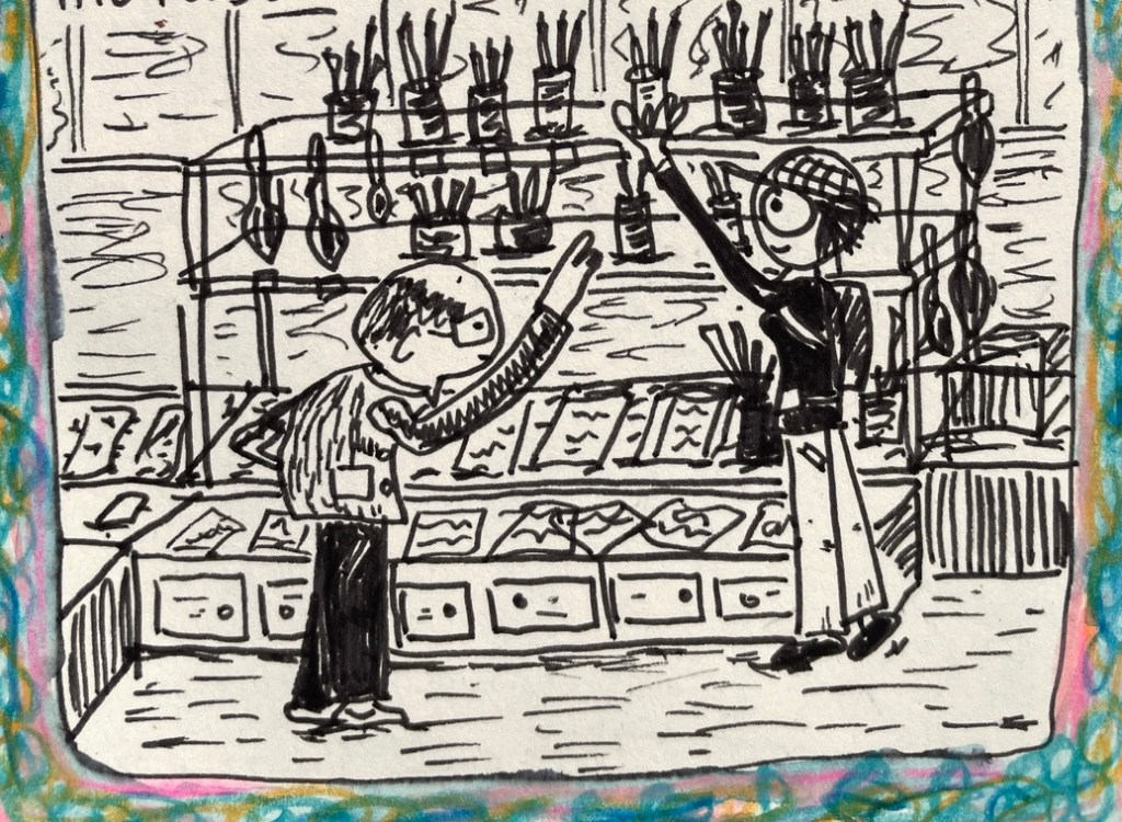 Old guy pointing to paint brushes on top shelf for me to reach.
