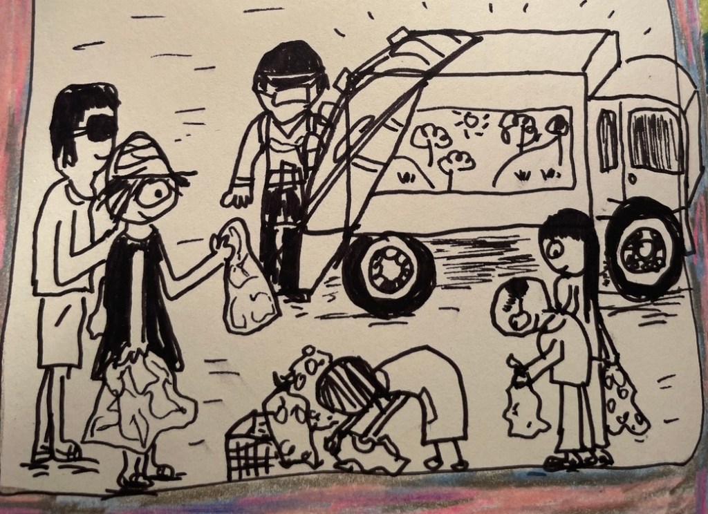 People taking rubbish to the rubbish truck