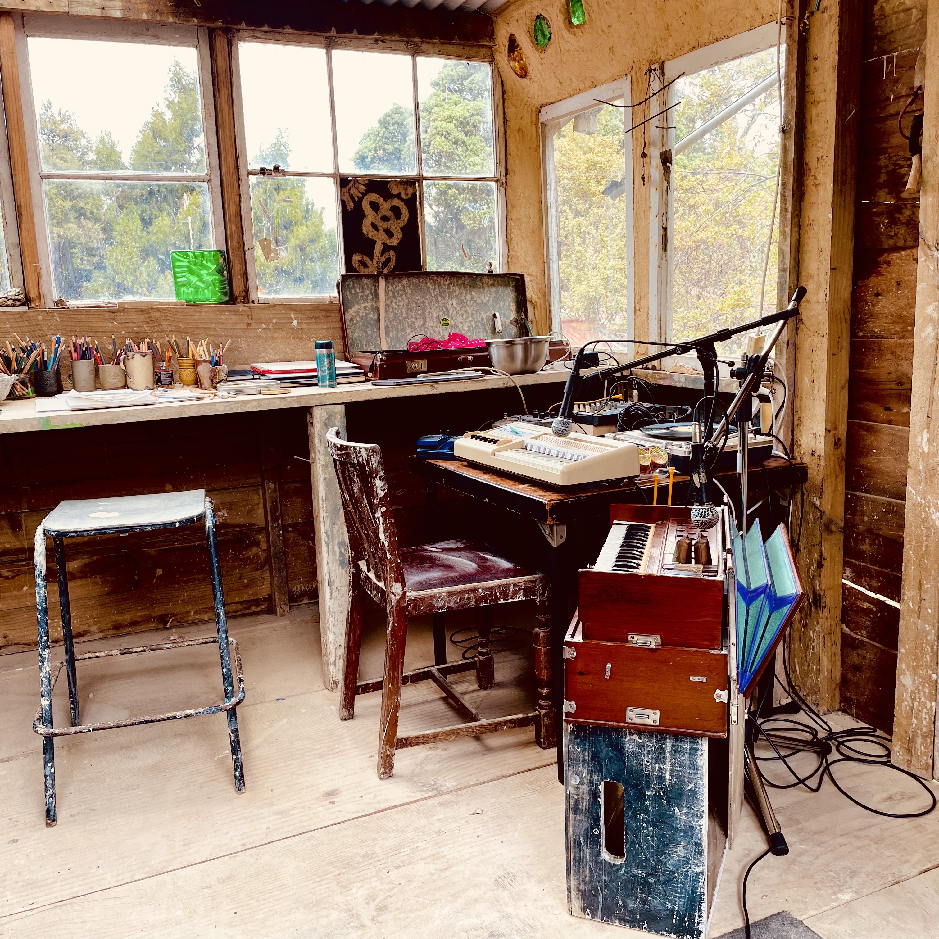 Keyboards, harmonium, record player and microphones